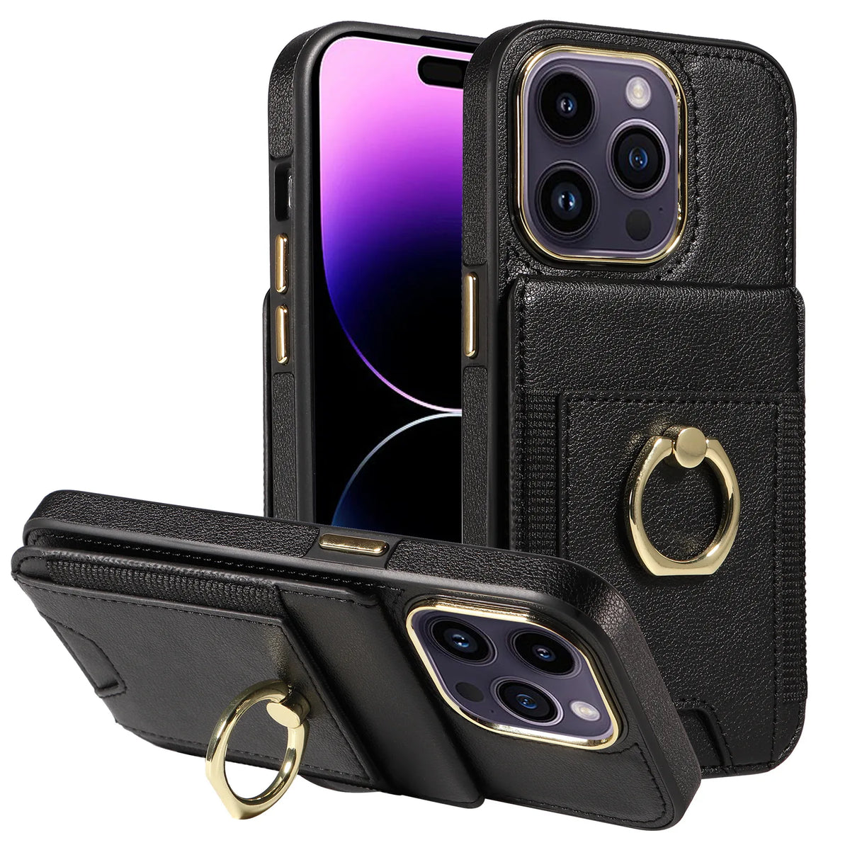iPhone 15 Plus Wallet Case – RFID Protection, Card Holder, 360° Kickstand, and Shockproof Premium Black Design