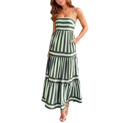 Striped Tiered Maxi Dress with Pockets – Women’s Summer Slip Dress with Spaghetti Straps, Flowy Fit, and Breezy Feel