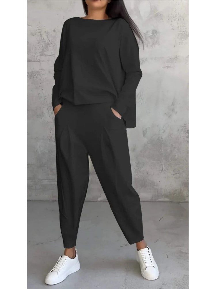 Women’s Two-Piece Pocket Shirt & Trousers Set – Loose Solid Office Outfit for Autumn 2024, Chic and Comfortable Fashion Staple