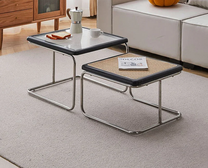 Square Stainless Steel Retro Rattan Coffee Table – Low Side Table with Glass Top for Modern Living Rooms