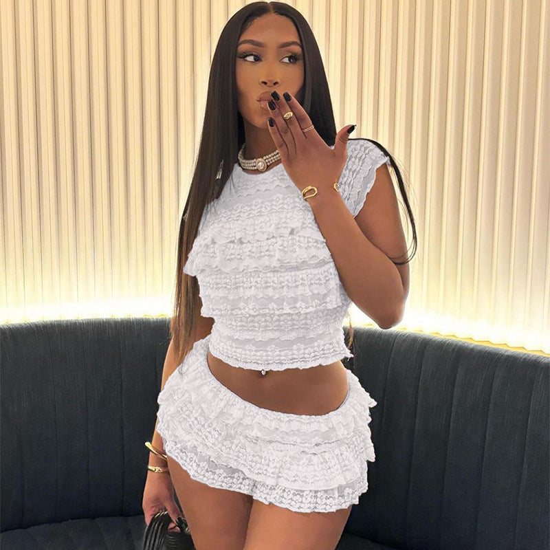 Weird Puss Ruffled Two-Piece Set for Women – Elegant Tiered Tank Top & Shorts Outfit for Summer Concerts & Parties