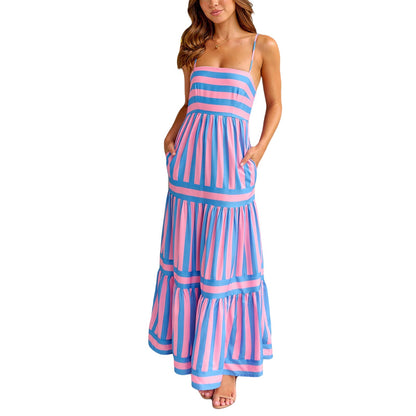 Striped Tiered Maxi Dress with Pockets – Women’s Summer Slip Dress with Spaghetti Straps, Flowy Fit, and Breezy Feel