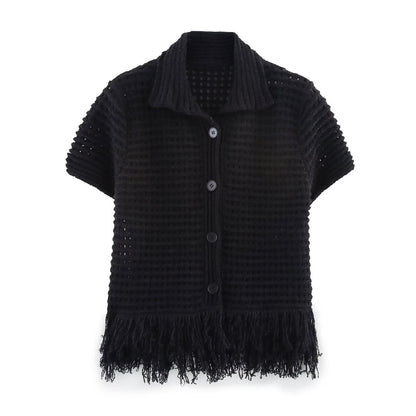 Knitted Tassel Two-Piece Set – Elegant Turndown Collar Top & Elastic Mini Skirt for Fall/Winter
