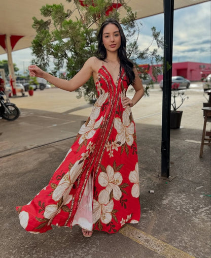 Off-Shoulder Printed Fairy Long Dress – Elegant V-Neck Strap Evening Gown for Women, Flowing Temperament Skirt Perfect for Spring, Summer Parties, and Romantic Occasions