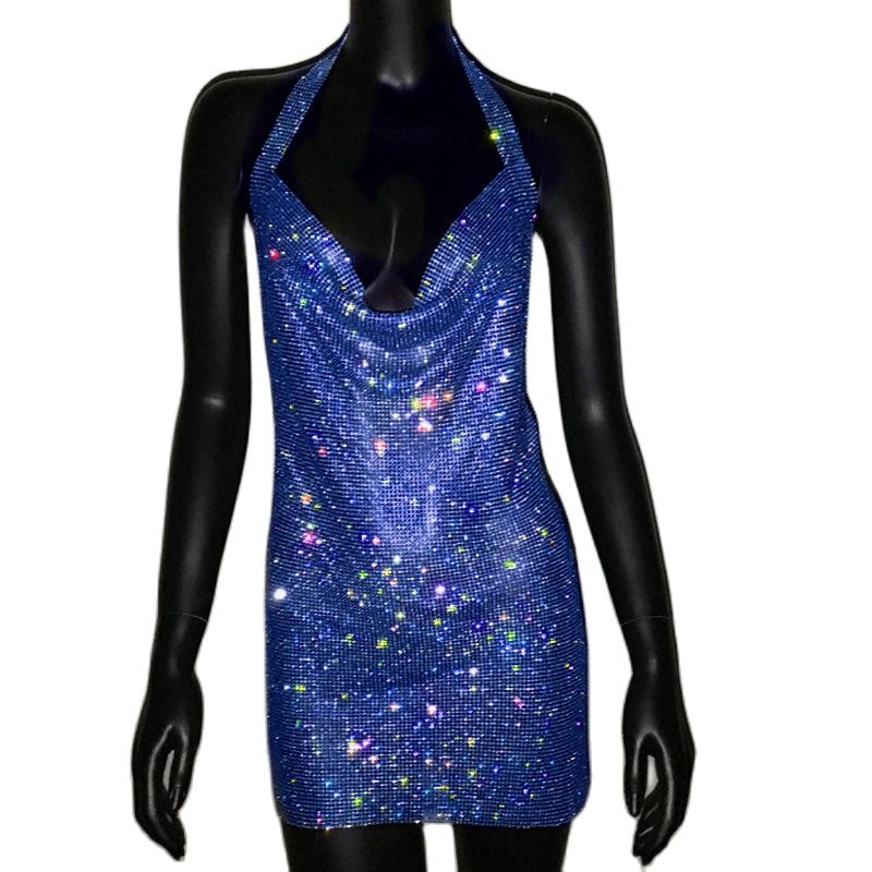 Luxury Rhinestone Sequin Mini Dress – Shimmering Halter Backless Mesh Slit Cocktail Dress for Dazzling Parties