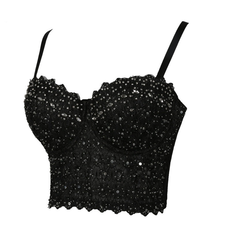 Beaded Lace Corset Crop Top – Sexy Bustier Bodice with Black Lace Detailing for Party, Clubwear, and Evening Fashion