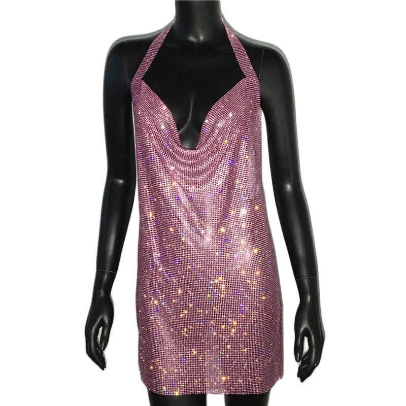 Luxury Rhinestone Sequin Mini Dress – Shimmering Halter Backless Mesh Slit Cocktail Dress for Dazzling Parties