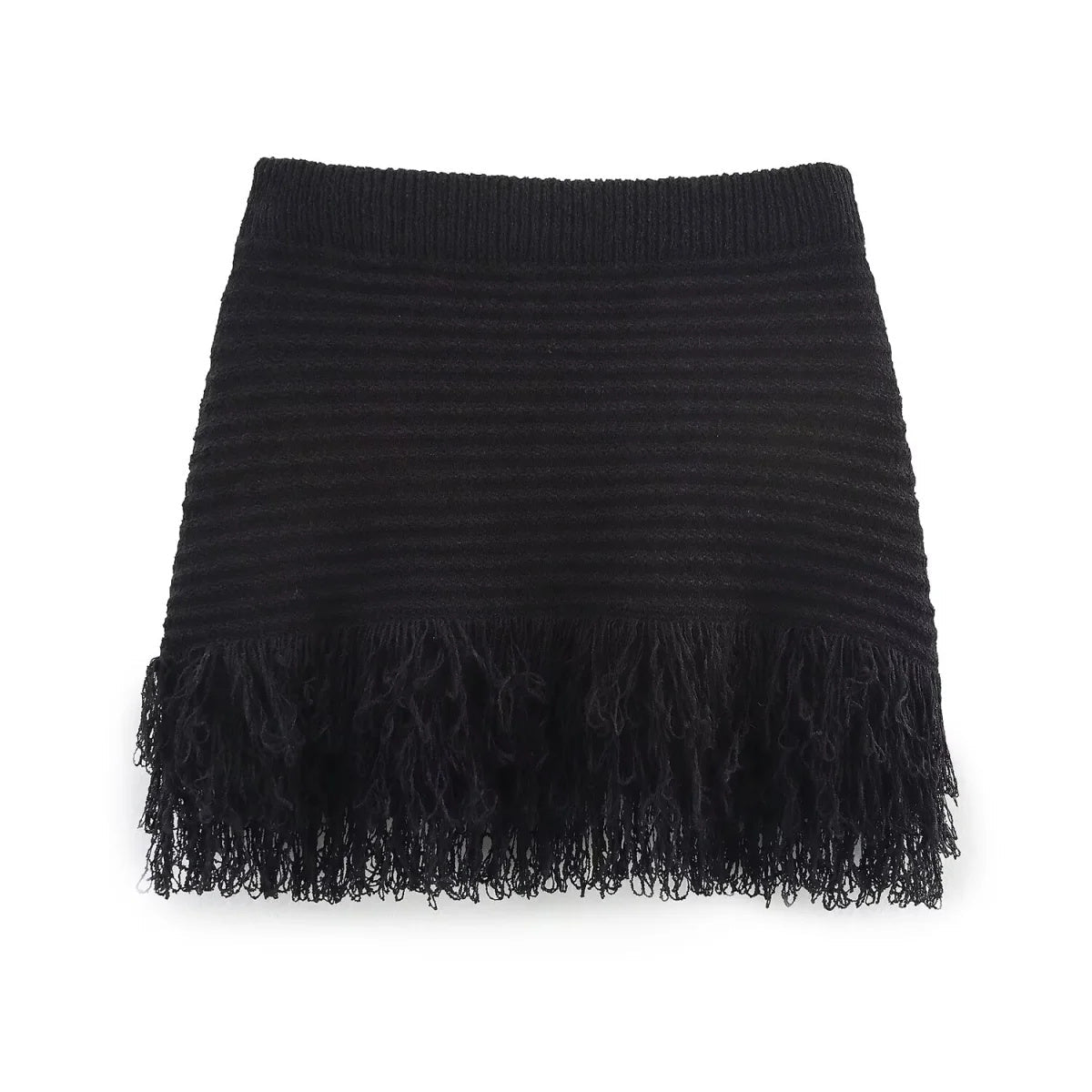 Knitted Tassel Two-Piece Set – Elegant Turndown Collar Top & Elastic Mini Skirt for Fall/Winter