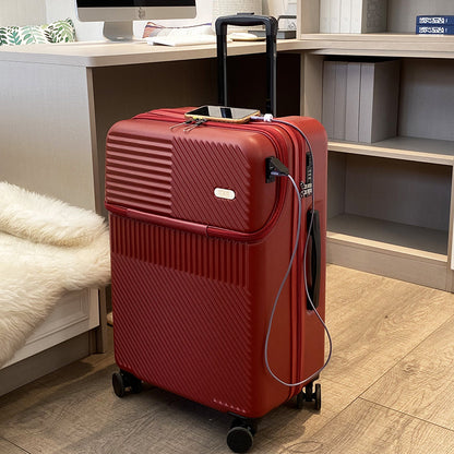 USB Charging Travel Suitcase – Lightweight Front-Opening Trolley Luggage for Men & Women (20/24/26 Inch)