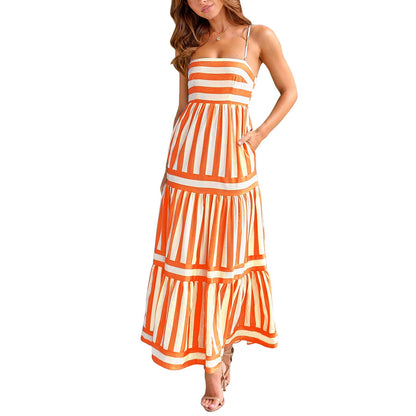 Striped Tiered Maxi Dress with Pockets – Women’s Summer Slip Dress with Spaghetti Straps, Flowy Fit, and Breezy Feel