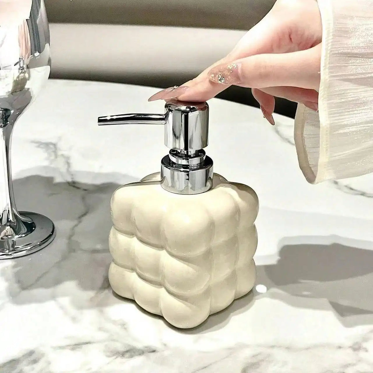 Ceramic Cloud Shaped Liquid Soap Dispenser – 300ml Refillable Press Bottle for Bathroom Body Wash, Shampoo, or Hand Sanitizer