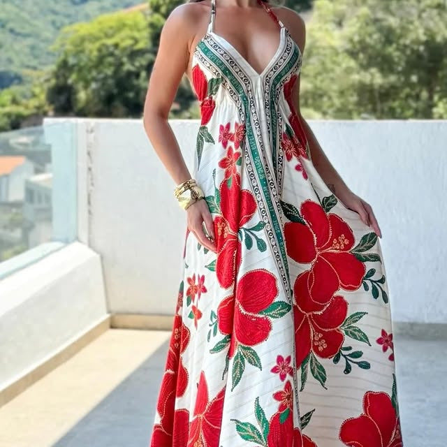 Off-Shoulder Printed Fairy Long Dress – Elegant V-Neck Strap Evening Gown for Women, Flowing Temperament Skirt Perfect for Spring, Summer Parties, and Romantic Occasions