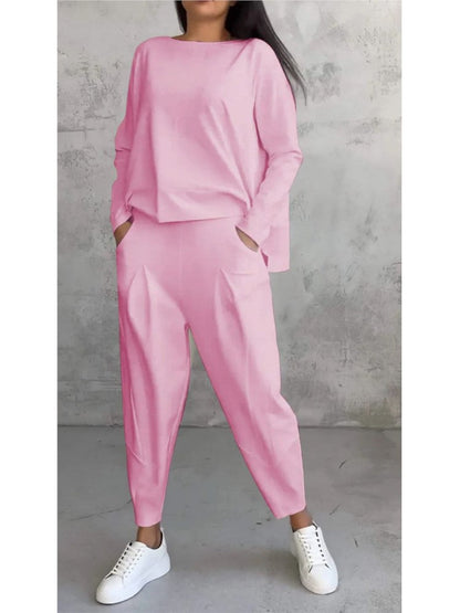 Women’s Two-Piece Pocket Shirt & Trousers Set – Loose Solid Office Outfit for Autumn 2024, Chic and Comfortable Fashion Staple