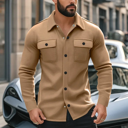 Men’s Fleece Lapel Jacket – Single-Breasted Outerwear with Pockets, Casual European Style for Autumn & Winter