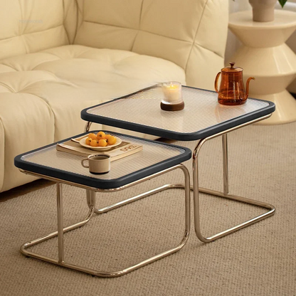 Square Stainless Steel Retro Rattan Coffee Table – Low Side Table with Glass Top for Modern Living Rooms