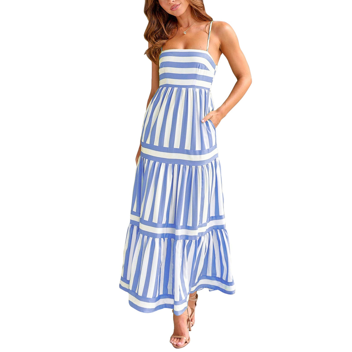 Striped Tiered Maxi Dress with Pockets – Women’s Summer Slip Dress with Spaghetti Straps, Flowy Fit, and Breezy Feel