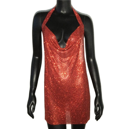 Luxury Rhinestone Sequin Mini Dress – Shimmering Halter Backless Mesh Slit Cocktail Dress for Dazzling Parties