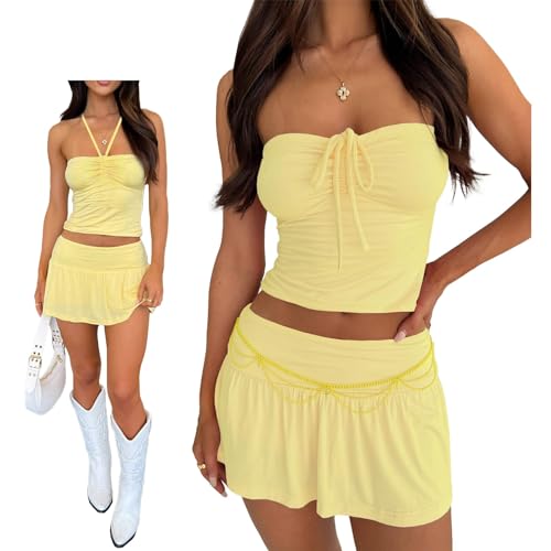 Summer Ruched Strapless Tube Top & Pleated Mini Skirt – Sexy Two-Piece Matching Outfit for Trendy Women