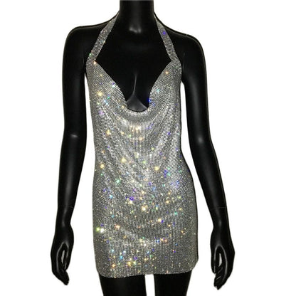 Luxury Rhinestone Sequin Mini Dress – Shimmering Halter Backless Mesh Slit Cocktail Dress for Dazzling Parties