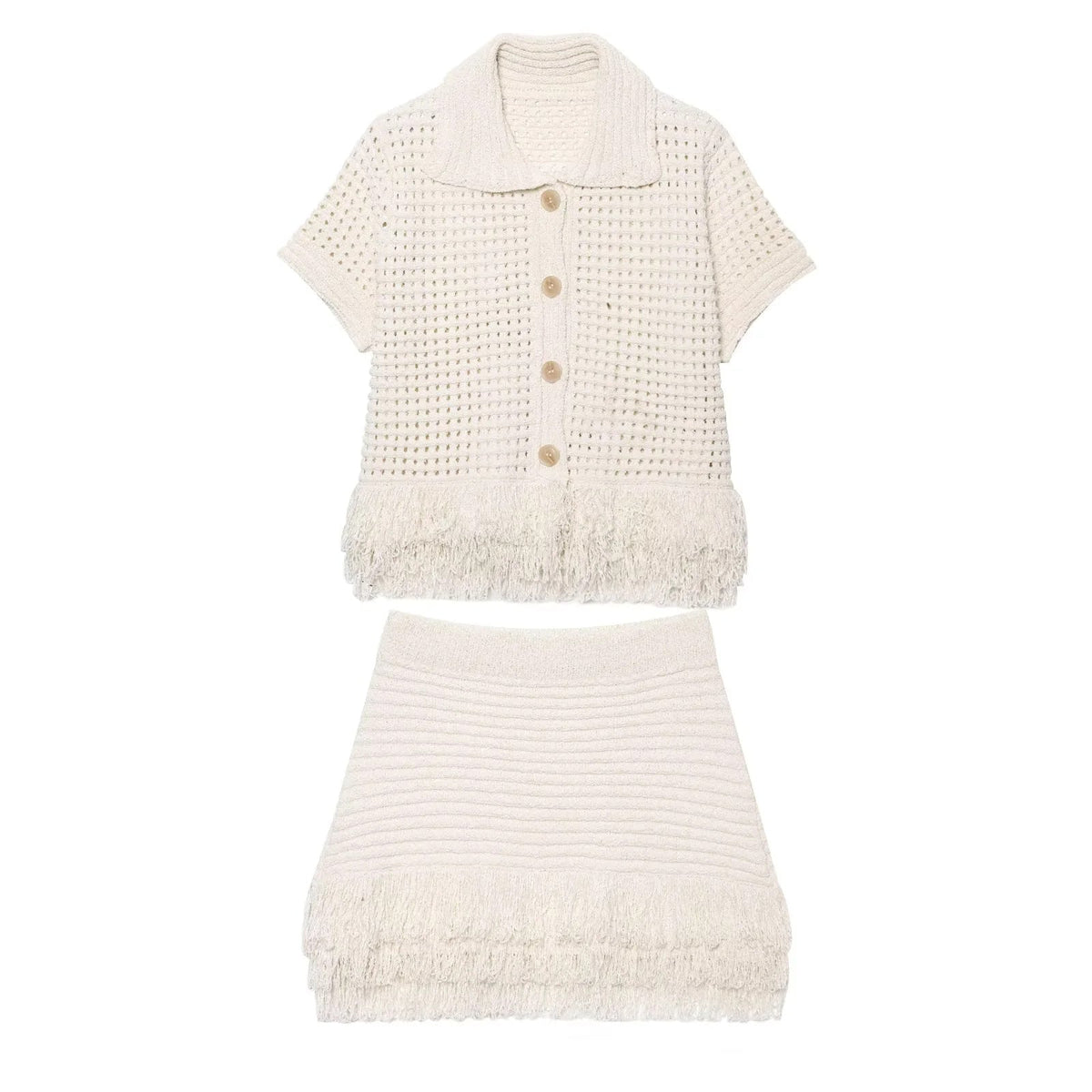 Knitted Tassel Two-Piece Set – Elegant Turndown Collar Top & Elastic Mini Skirt for Fall/Winter