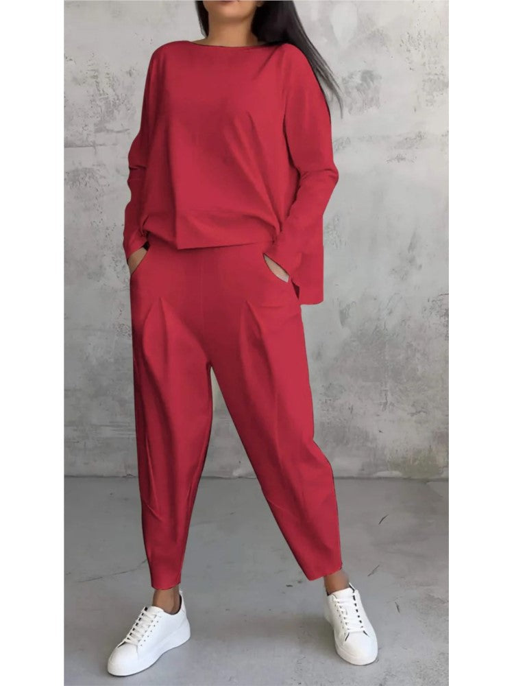 Women’s Two-Piece Pocket Shirt & Trousers Set – Loose Solid Office Outfit for Autumn 2024, Chic and Comfortable Fashion Staple