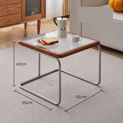 Square Stainless Steel Retro Rattan Coffee Table – Low Side Table with Glass Top for Modern Living Rooms