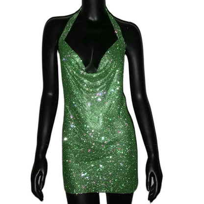 Luxury Rhinestone Sequin Mini Dress – Shimmering Halter Backless Mesh Slit Cocktail Dress for Dazzling Parties