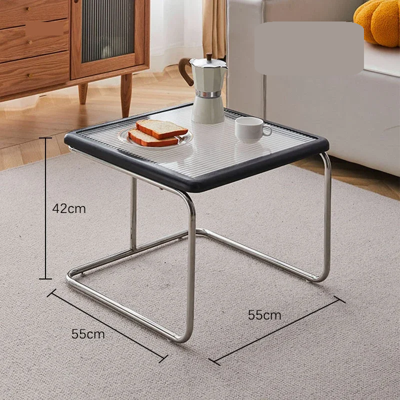 Square Stainless Steel Retro Rattan Coffee Table – Low Side Table with Glass Top for Modern Living Rooms