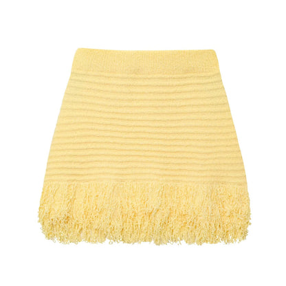 Knitted Tassel Two-Piece Set – Elegant Turndown Collar Top & Elastic Mini Skirt for Fall/Winter