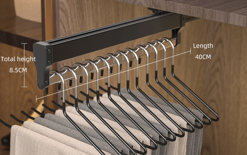 Top-Mount Pull-Out Wardrobe Hanger Rail – Extendable Adjustable Closet Rod for Hanging Clothes, Trouser Organization, Maximizing Wardrobe Space Neatly and Efficiently