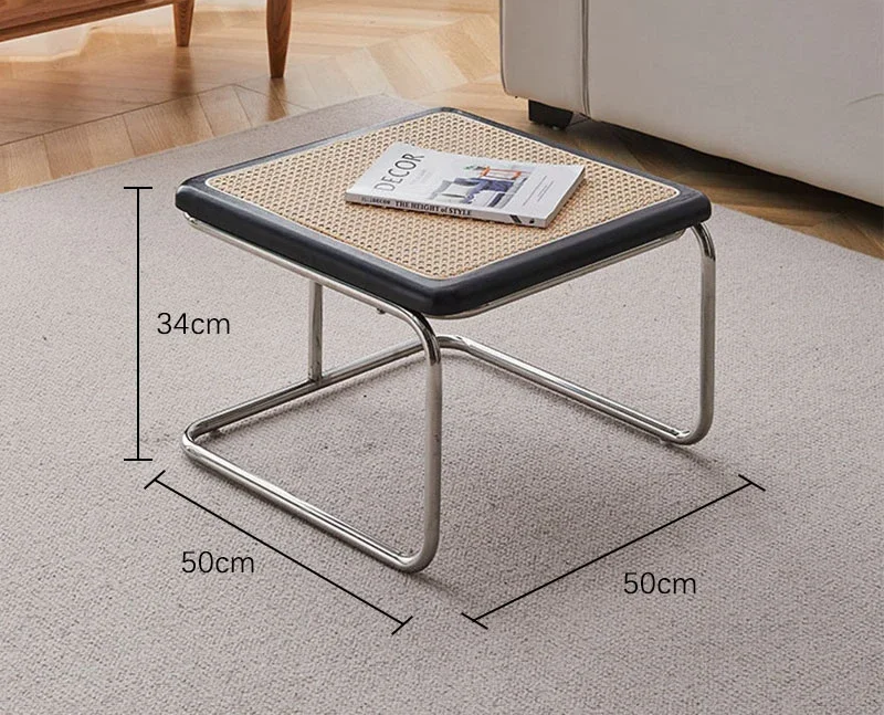 Square Stainless Steel Retro Rattan Coffee Table – Low Side Table with Glass Top for Modern Living Rooms