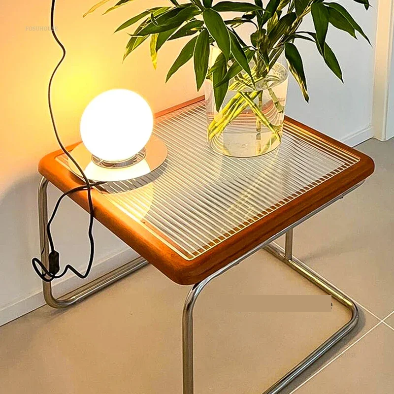 Square Stainless Steel Retro Rattan Coffee Table – Low Side Table with Glass Top for Modern Living Rooms