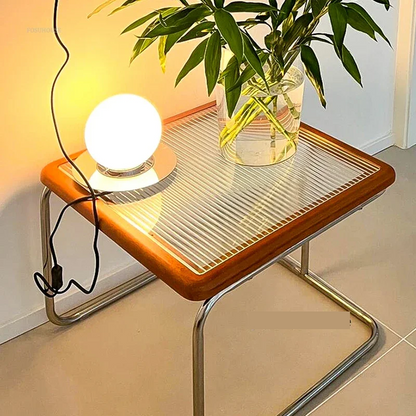 Square Stainless Steel Retro Rattan Coffee Table – Low Side Table with Glass Top for Modern Living Rooms