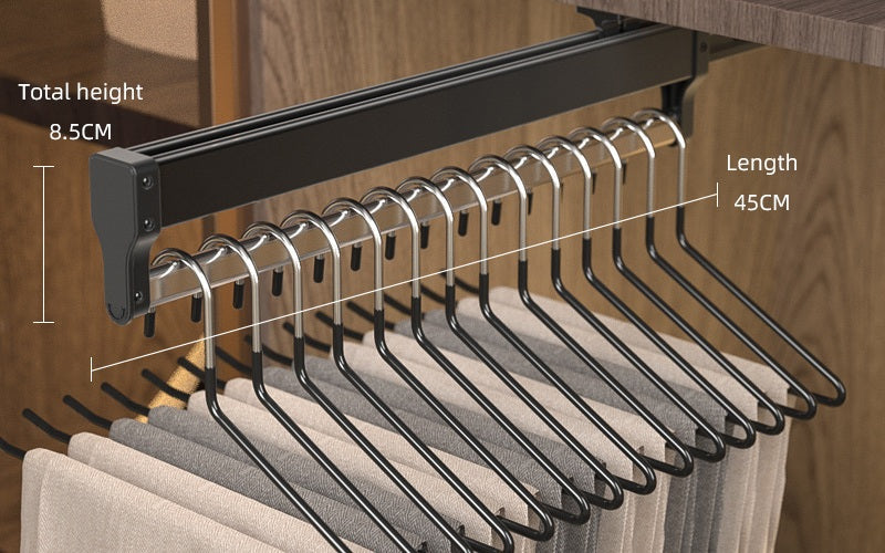 Top-Mount Pull-Out Wardrobe Hanger Rail – Extendable Adjustable Closet Rod for Hanging Clothes, Trouser Organization, Maximizing Wardrobe Space Neatly and Efficiently