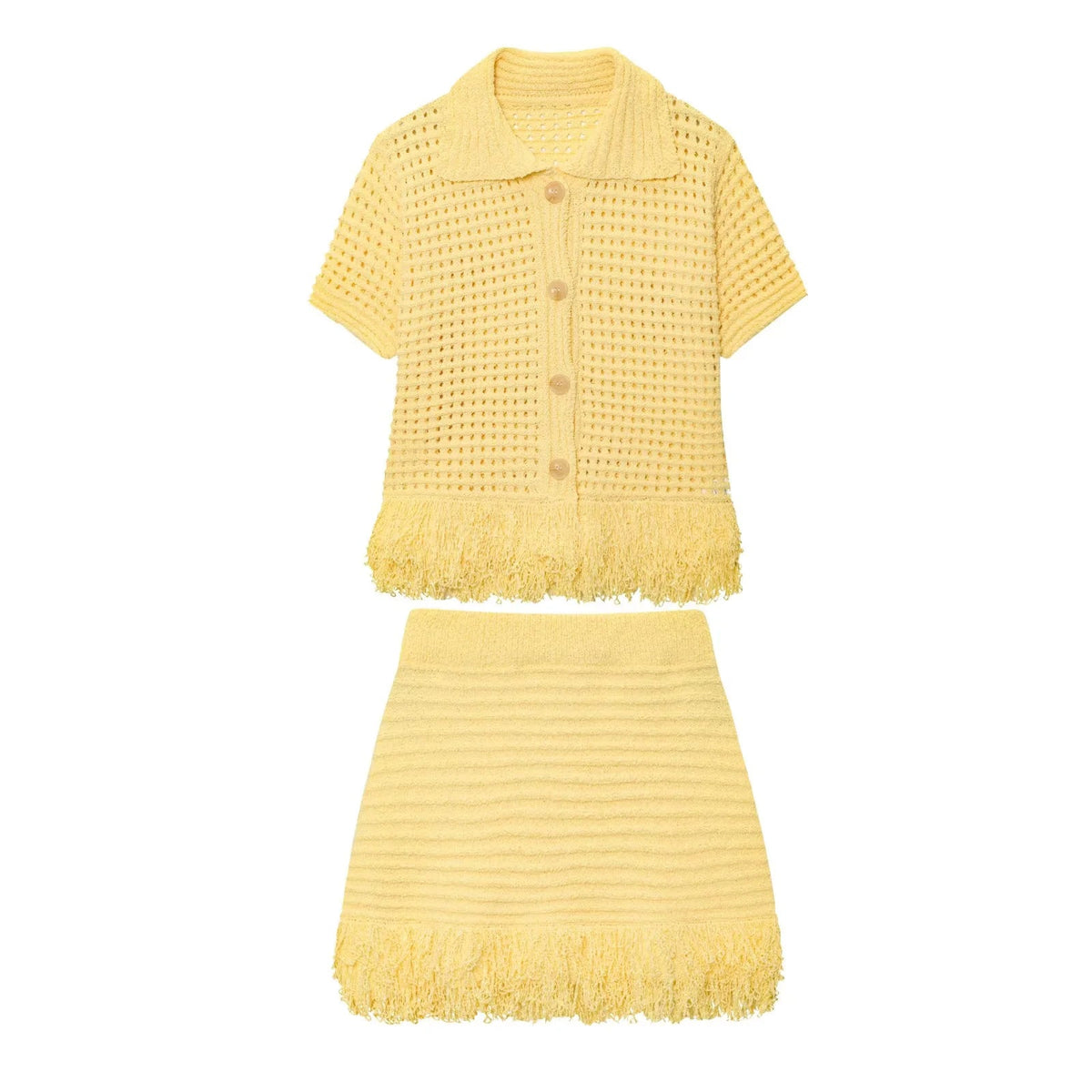 Knitted Tassel Two-Piece Set – Elegant Turndown Collar Top & Elastic Mini Skirt for Fall/Winter