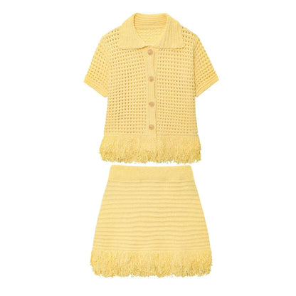 Knitted Tassel Two-Piece Set – Elegant Turndown Collar Top & Elastic Mini Skirt for Fall/Winter