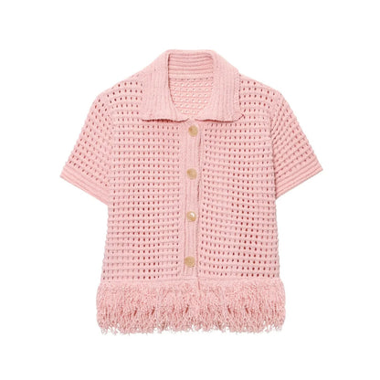 Knitted Tassel Two-Piece Set – Elegant Turndown Collar Top & Elastic Mini Skirt for Fall/Winter