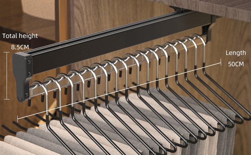 Top-Mount Pull-Out Wardrobe Hanger Rail – Extendable Adjustable Closet Rod for Hanging Clothes, Trouser Organization, Maximizing Wardrobe Space Neatly and Efficiently
