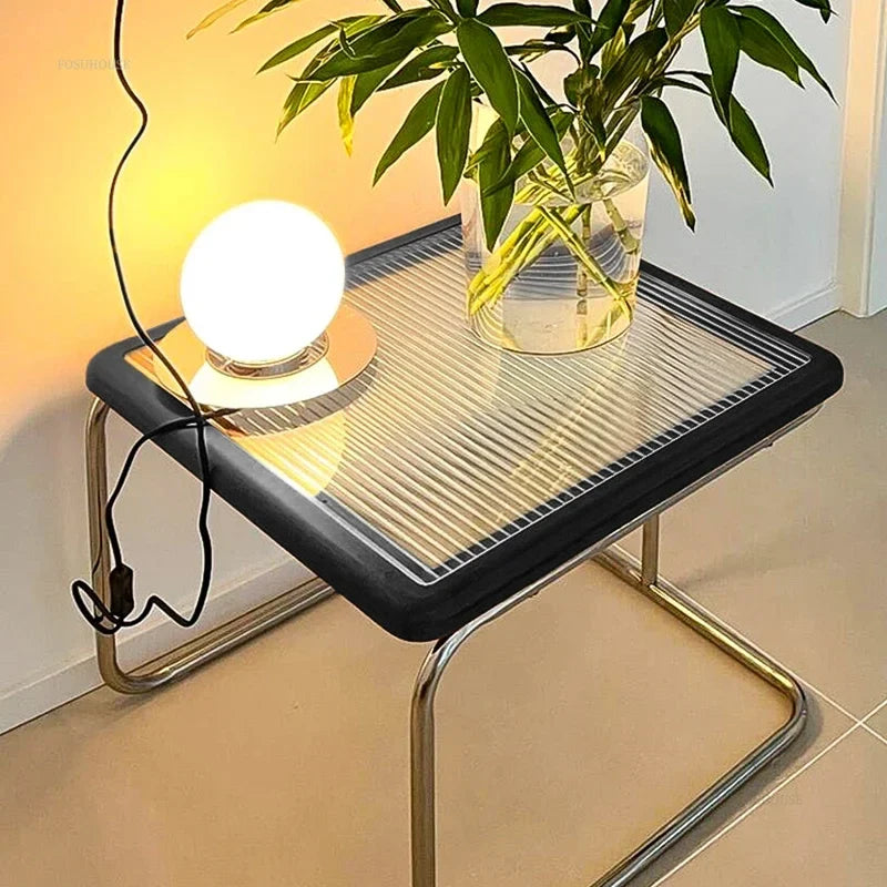 Square Stainless Steel Retro Rattan Coffee Table – Low Side Table with Glass Top for Modern Living Rooms