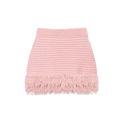Knitted Tassel Two-Piece Set – Elegant Turndown Collar Top & Elastic Mini Skirt for Fall/Winter