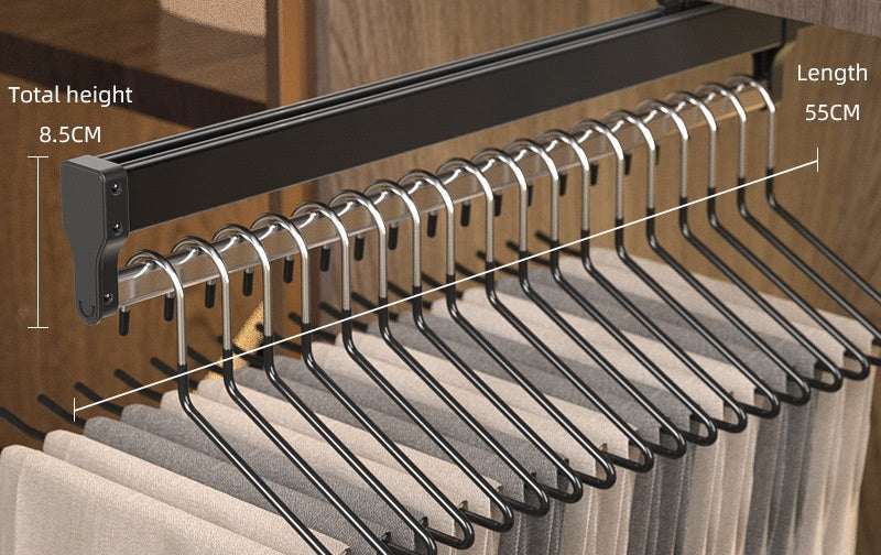 Top-Mount Pull-Out Wardrobe Hanger Rail – Extendable Adjustable Closet Rod for Hanging Clothes, Trouser Organization, Maximizing Wardrobe Space Neatly and Efficiently