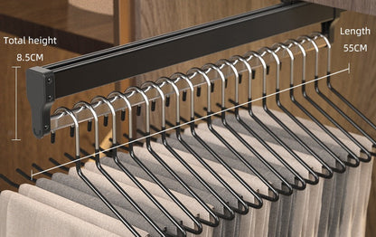 Top-Mount Pull-Out Wardrobe Hanger Rail – Extendable Adjustable Closet Rod for Hanging Clothes, Trouser Organization, Maximizing Wardrobe Space Neatly and Efficiently