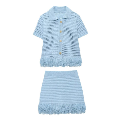 Knitted Tassel Two-Piece Set – Elegant Turndown Collar Top & Elastic Mini Skirt for Fall/Winter