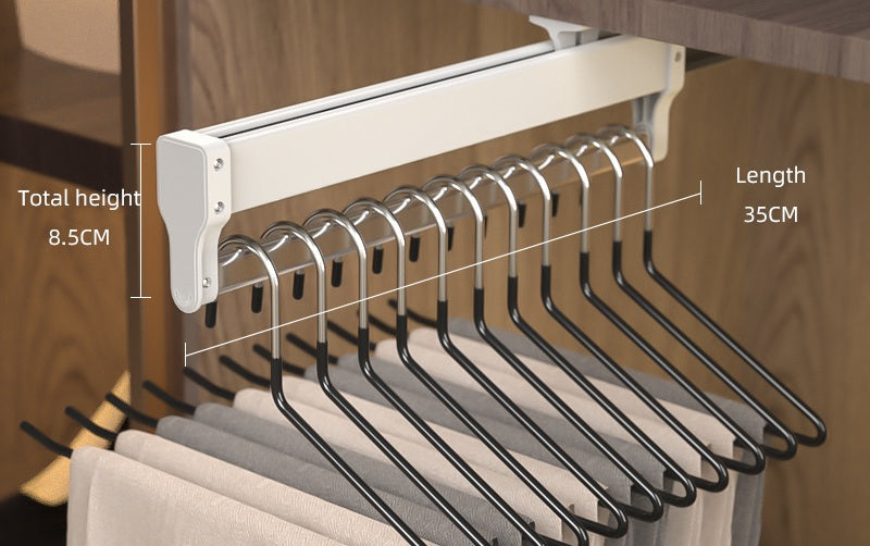 Top-Mount Pull-Out Wardrobe Hanger Rail – Extendable Adjustable Closet Rod for Hanging Clothes, Trouser Organization, Maximizing Wardrobe Space Neatly and Efficiently