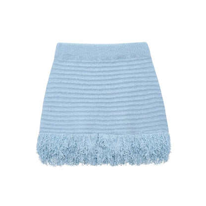Knitted Tassel Two-Piece Set – Elegant Turndown Collar Top & Elastic Mini Skirt for Fall/Winter