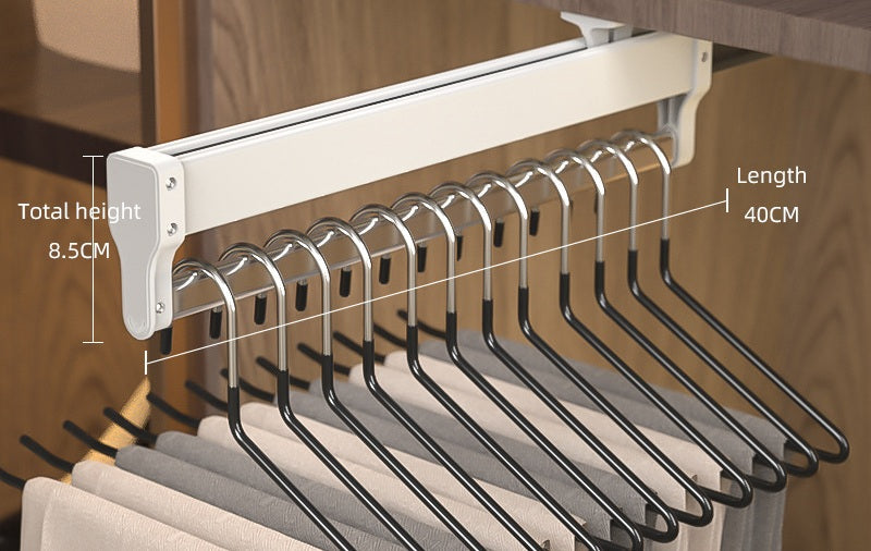 Top-Mount Pull-Out Wardrobe Hanger Rail – Extendable Adjustable Closet Rod for Hanging Clothes, Trouser Organization, Maximizing Wardrobe Space Neatly and Efficiently