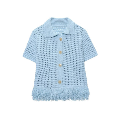 Knitted Tassel Two-Piece Set – Elegant Turndown Collar Top & Elastic Mini Skirt for Fall/Winter