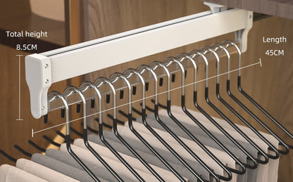 Top-Mount Pull-Out Wardrobe Hanger Rail – Extendable Adjustable Closet Rod for Hanging Clothes, Trouser Organization, Maximizing Wardrobe Space Neatly and Efficiently