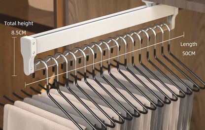 Top-Mount Pull-Out Wardrobe Hanger Rail – Extendable Adjustable Closet Rod for Hanging Clothes, Trouser Organization, Maximizing Wardrobe Space Neatly and Efficiently
