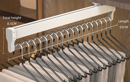 Top-Mount Pull-Out Wardrobe Hanger Rail – Extendable Adjustable Closet Rod for Hanging Clothes, Trouser Organization, Maximizing Wardrobe Space Neatly and Efficiently